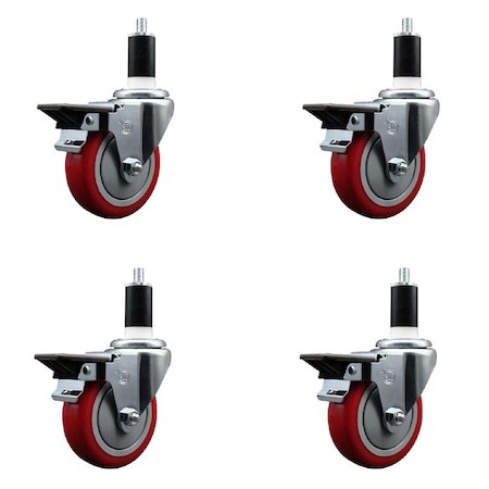 Service Caster 4'' Red Poly Swivel 1-3/8'' Expanding Stem Caster Set with Brake, 4PK SCC-EX20S414-PPUB-RED-PLB-138-4